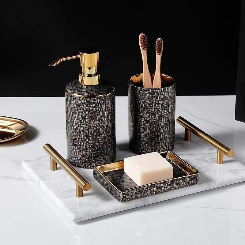Bathroom accessory set with soap dish on a marble tray