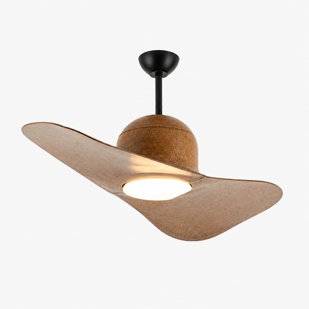 Deckenventilator mit hutähnlicher Leuchte und zwei Flügeln, integrierter LED-Diffusor