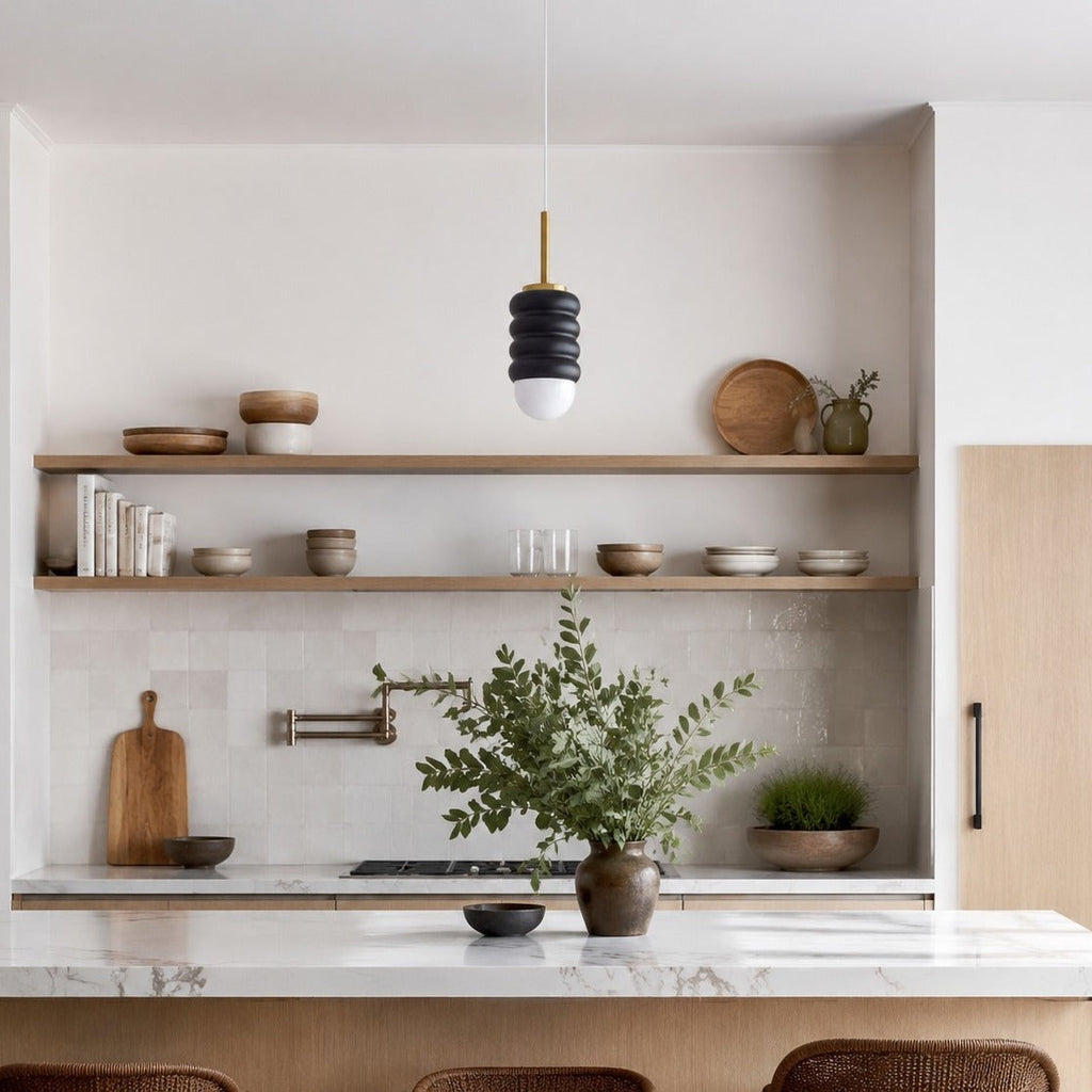 Iron Ribbed Shade Pendant Lamp — Cream Ceiling Light, Slim Stem