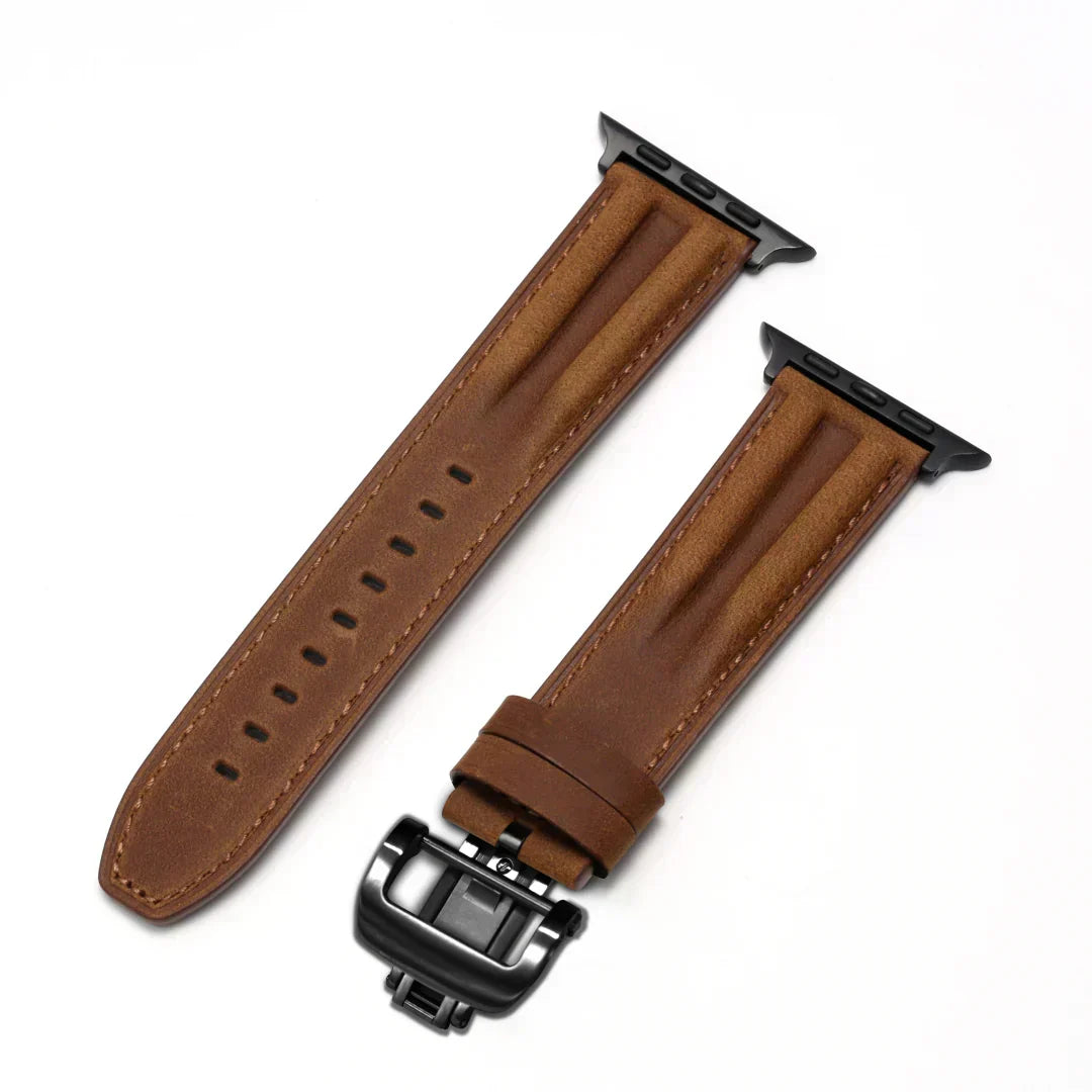 Marvelle Apple Watch-lærrem med riller, 42–49 mm — sommerfuglspenne i stål - Desfino