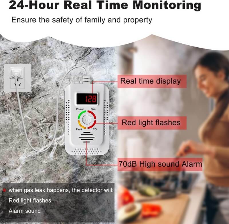 Compact 2-in-1 Natural Gas and Carbon Monoxide Detector — Flashing Red Indicator