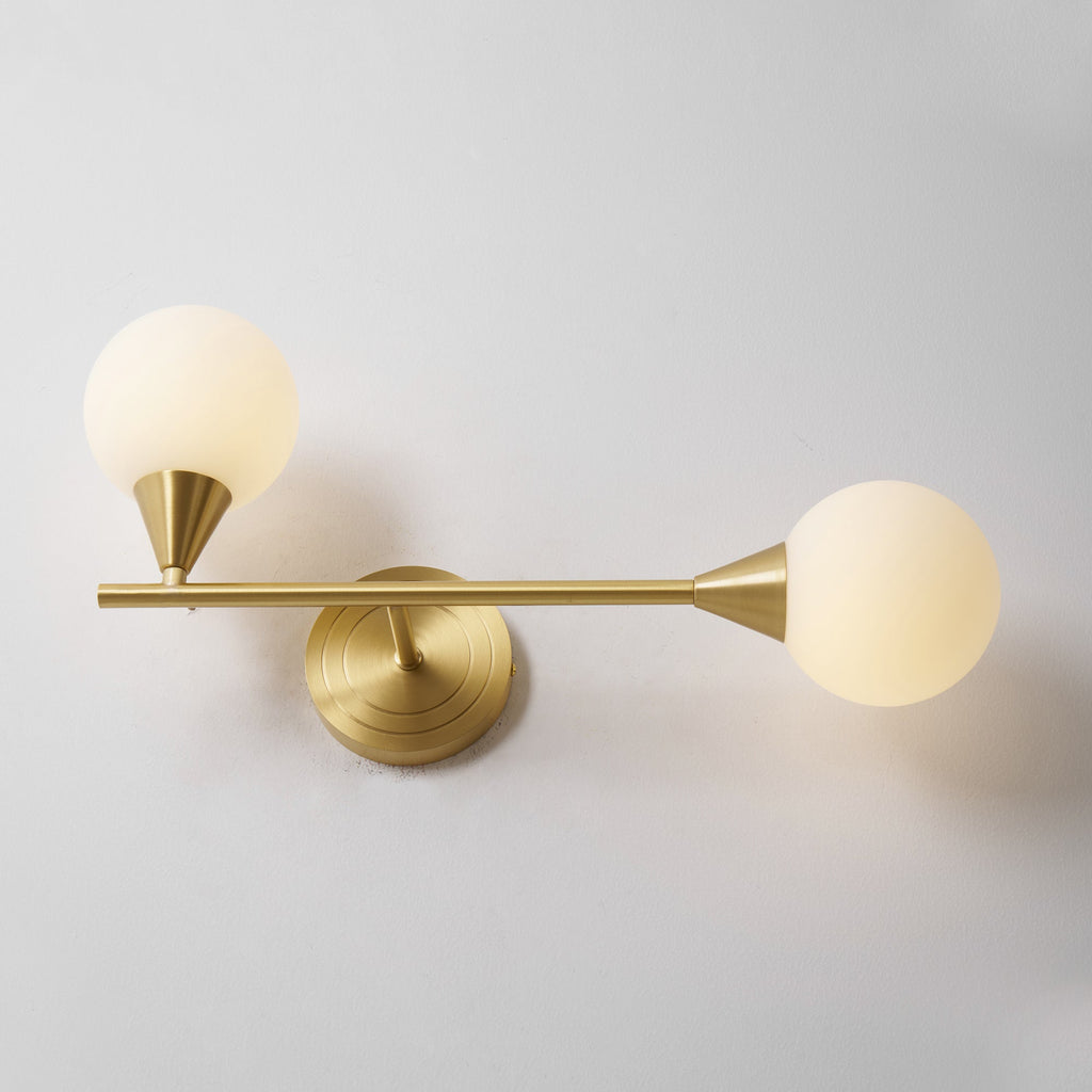 Holten Brass Armed Sconce — Two White Glass Globes