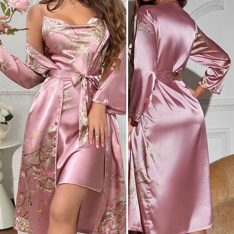 Satynowy komplet LunaSilk w kwiaty — koszula nocna na cienkich ramiączkach i kimono - Desfino