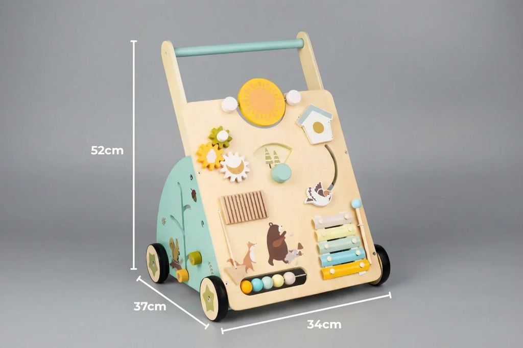 Holz-Baby-Lauflernwagen im Waldthema — stabilisierendes Design mit ansprechendem Aktivitätspanel