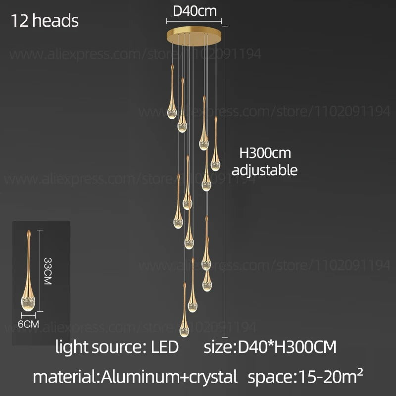 鎏金水滴水晶吊灯 — 暖光 LED 灯具 - Desfino