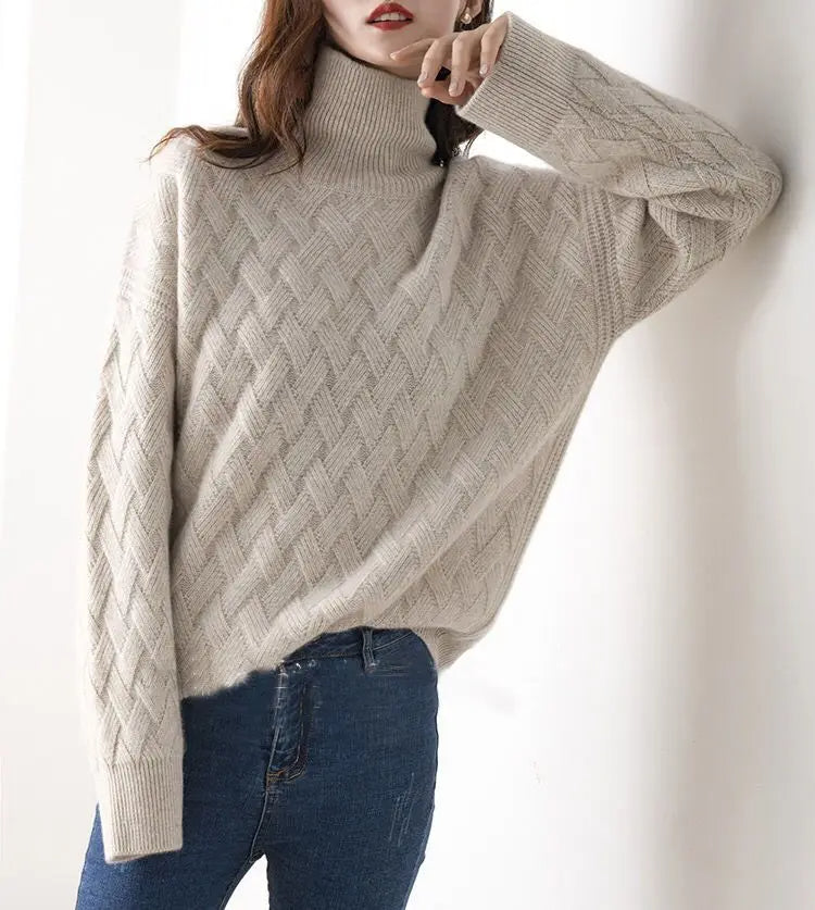 Rivelle High-Stretch Chevron Knit Wool Turtleneck Sweater - Desfino