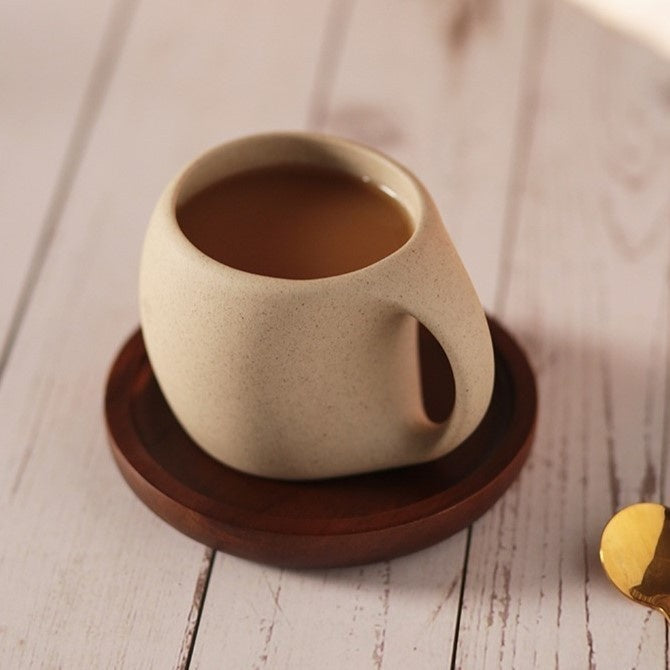 Zestaw ceramicznych kubków KairoWaves 250ml — bambusowy spodek, łyżeczka ze stali nierdzewnej - Desfino