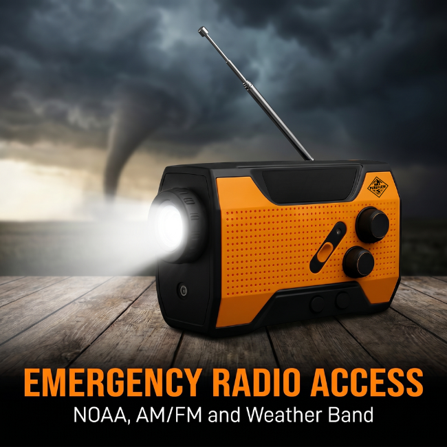 Emergency Weather Radio, 4-In-1 System — Power Bank, Flashlight, SOS Alarm