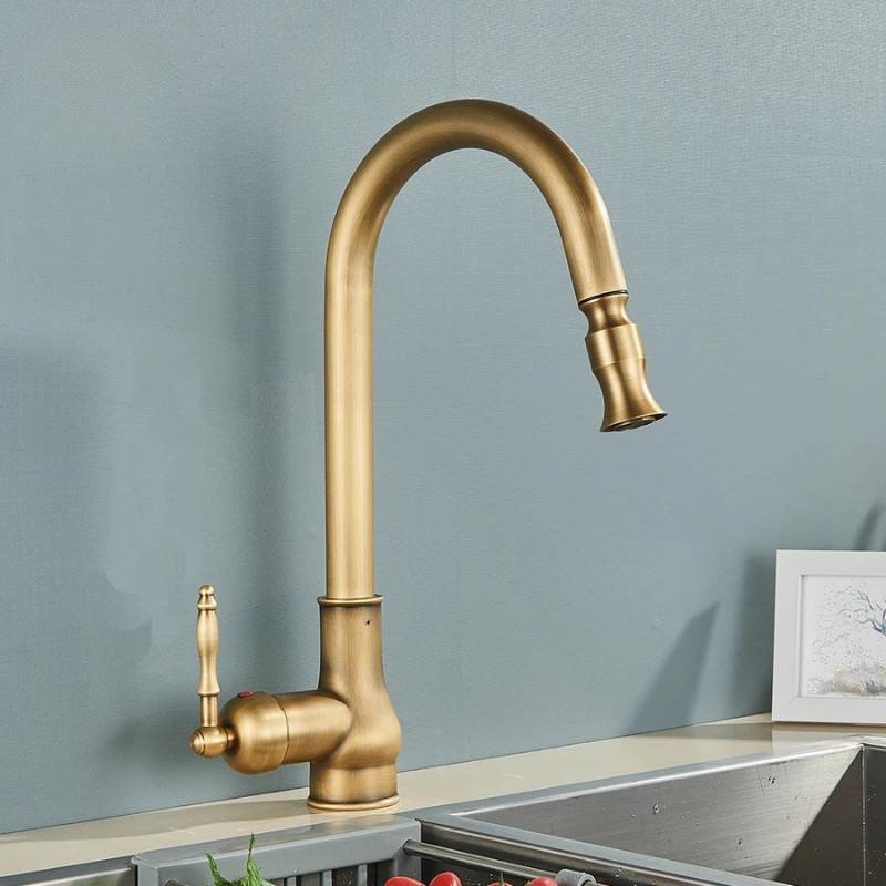 EraTap Antique Brass Kitchen Faucet — Swivel Spout, Black Detail - Desfino