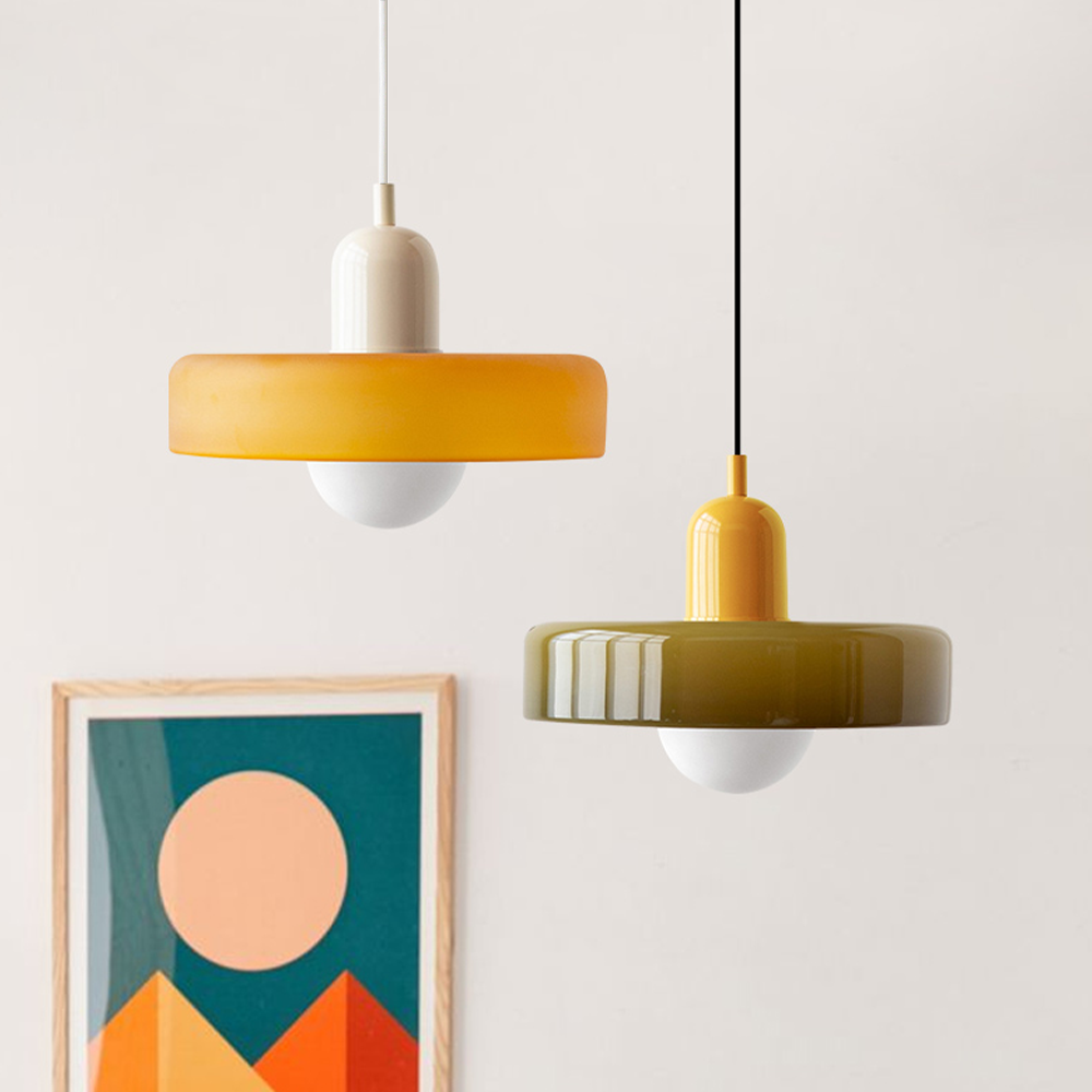 Aurelo Bauhaus-Pendelleuchte — Farbiger Glasschirm, rundes Baldachin