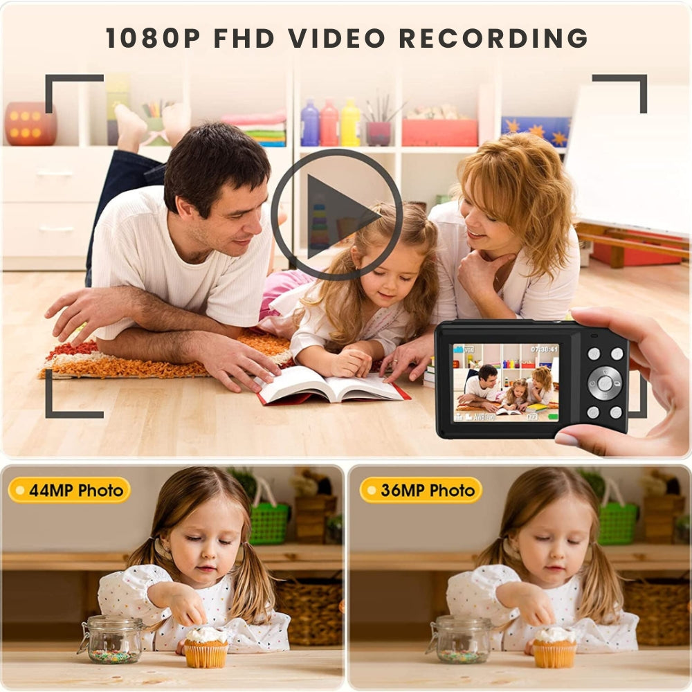Fotocamera per vlog da 44MP — HD 1080P, zoom 16X, LCD ricaricabile da 2.4 pollici - Desfino