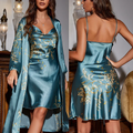 LunaSilk Floral Satin Set — Spaghetti-Strap Nightgown & Kimono - Desfino