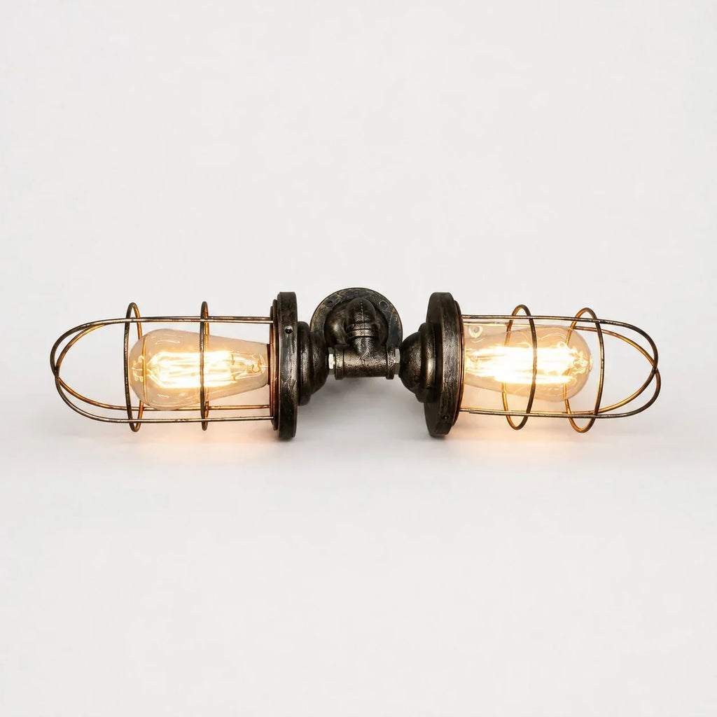 Industrielle Käfig-Wandleuchte, Vintage-Wandlampe aus Metall, sichtbares Leuchtmittel, wahlweise mit einem oder zwei Köpfen
