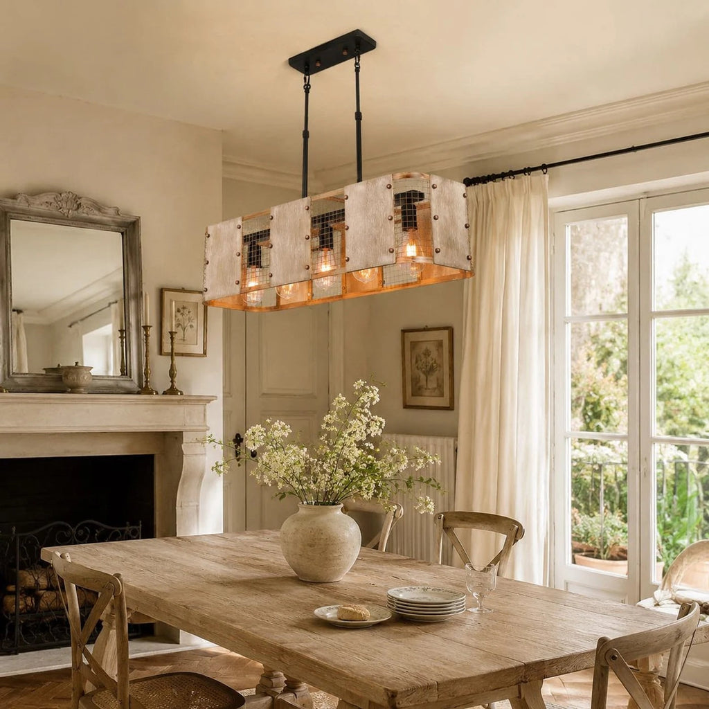 Five-Light Industrial Pendant Lamp — Wood and Iron Mesh Frame