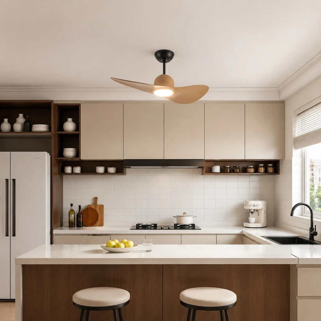 Deckenventilator mit hutähnlicher Leuchte und zwei Flügeln, integrierter LED-Diffusor