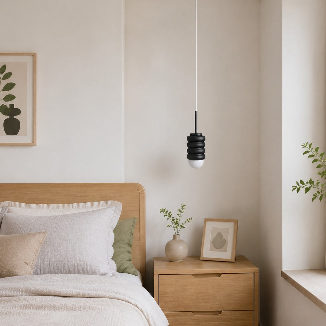 Iron Ribbed Shade Pendant Lamp — Cream Ceiling Light, Slim Stem