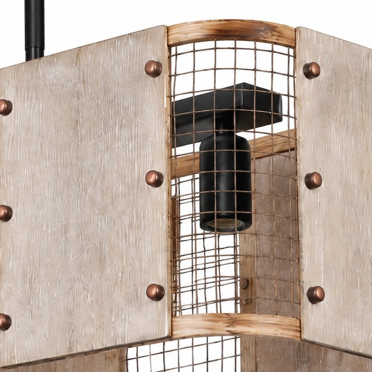 Five-Light Industrial Pendant Lamp — Wood and Iron Mesh Frame