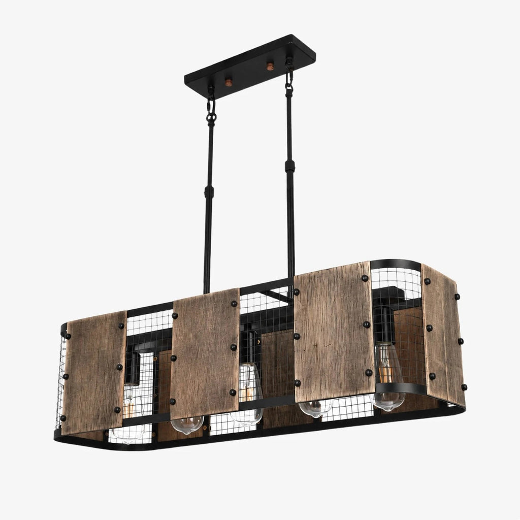 Five-Light Industrial Pendant Lamp — Wood and Iron Mesh Frame