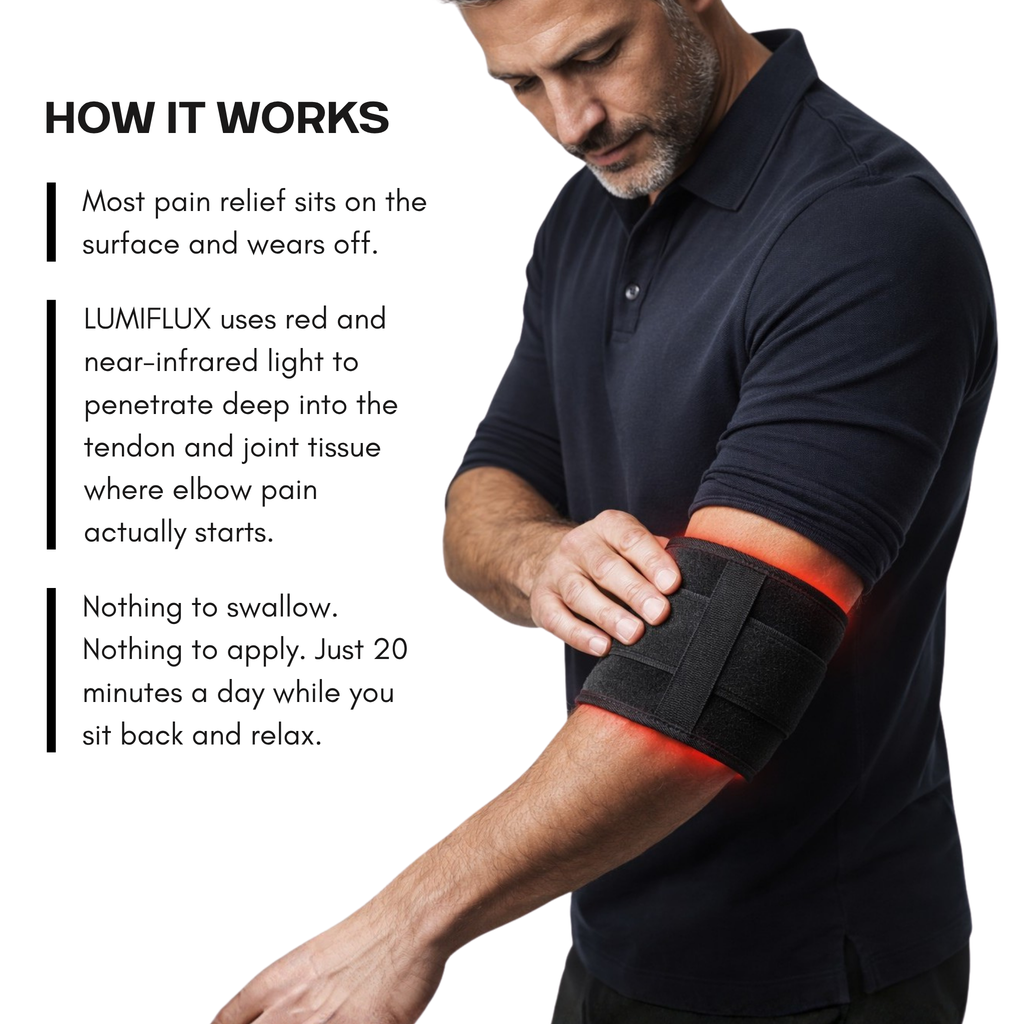 رباط مريح للمرفق قابل للارتداء ElbowRelief Pro — وسادة ضوء أحمر بطولَي موجة 660 نانومتر و850 نانومتر