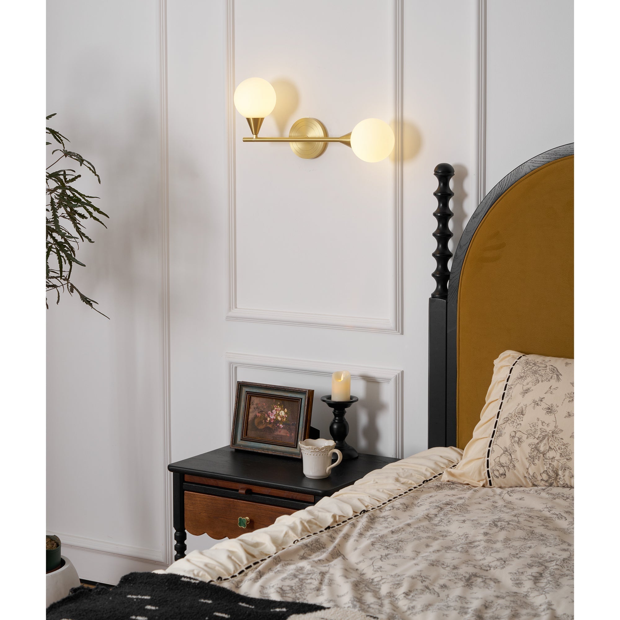 Holten Brass Armed Sconce — Two White Glass Globes