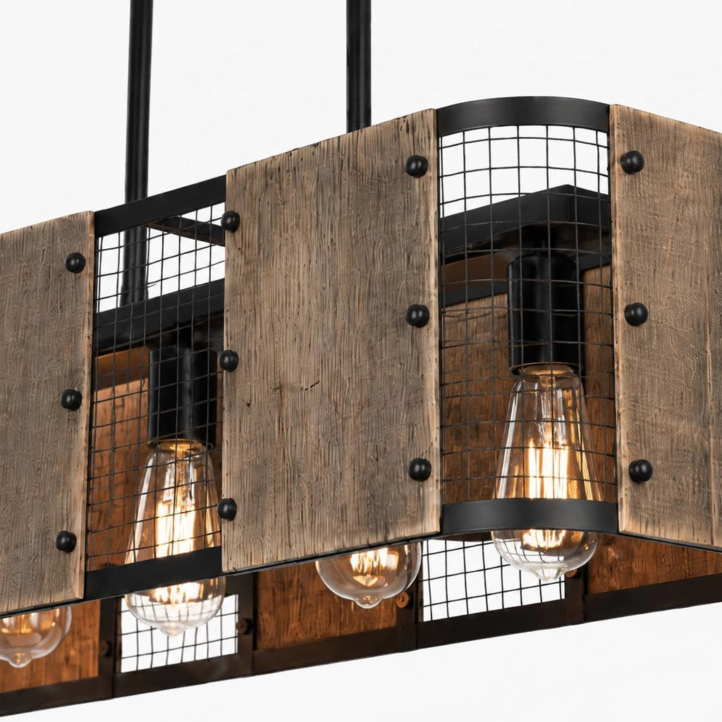 Five-Light Industrial Pendant Lamp — Wood and Iron Mesh Frame