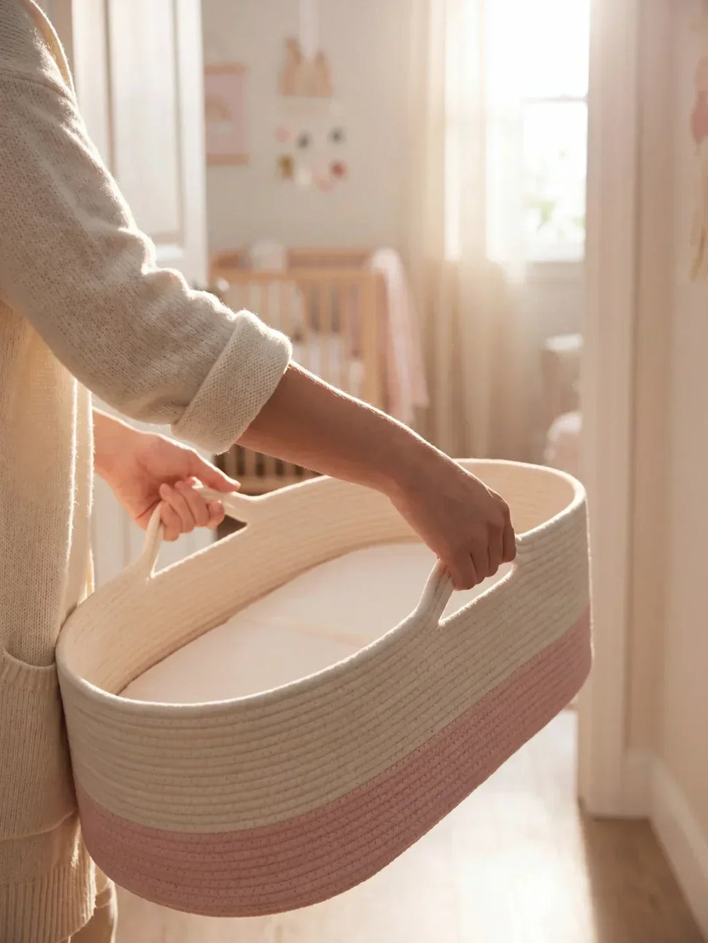 Dvoubarevný oválný košík na přebalování s polstrovanou podložkou — tkaný, přenosný - Desfino