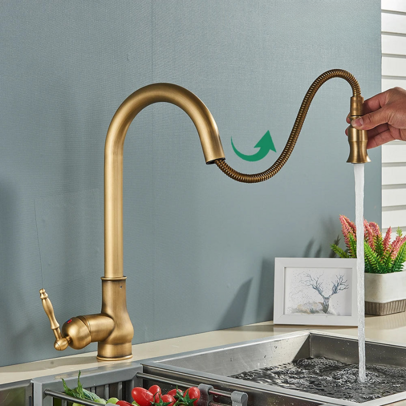 EraTap Antique Brass Kitchen Faucet — Swivel Spout, Black Detail - Desfino