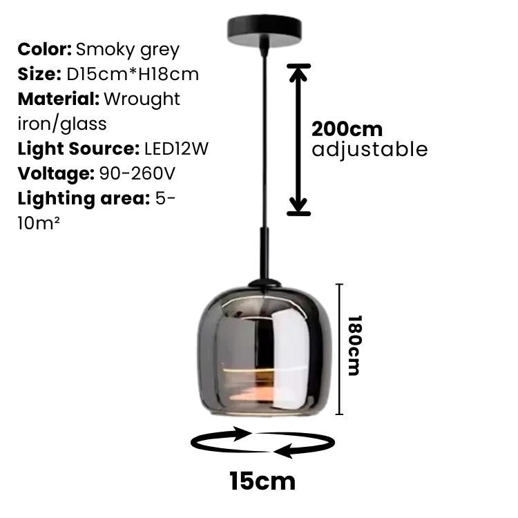 Czarna szklana lampa wisząca Arden — dymnoszary klosz, kute żelazo - Desfino