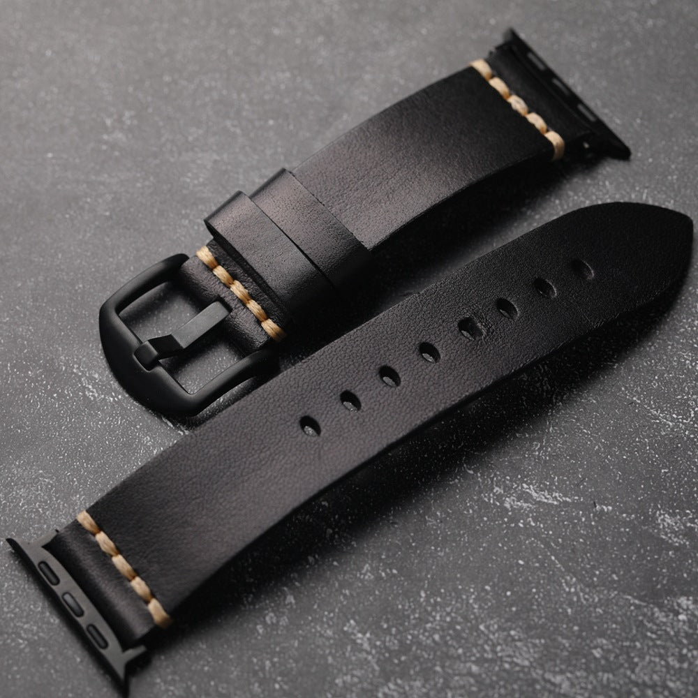 Marin-rem til Apple Watch — fuldnarvet læder, håndsyet tigergarn - Desfino