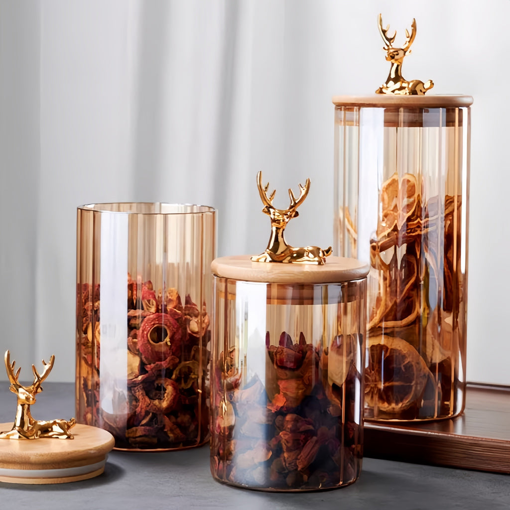 Elowen voorraadpotten van amberkleurig glas, set van 3, gouden deksels met hertmotief, luchtdichte sluitingen - Desfino