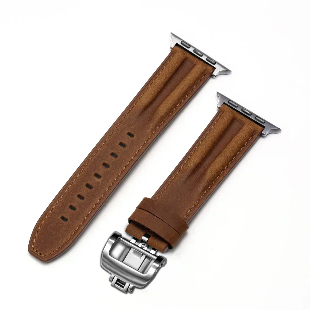 Marvelle Apple Watch-lærrem med riller, 42–49 mm — sommerfuglspenne i stål - Desfino