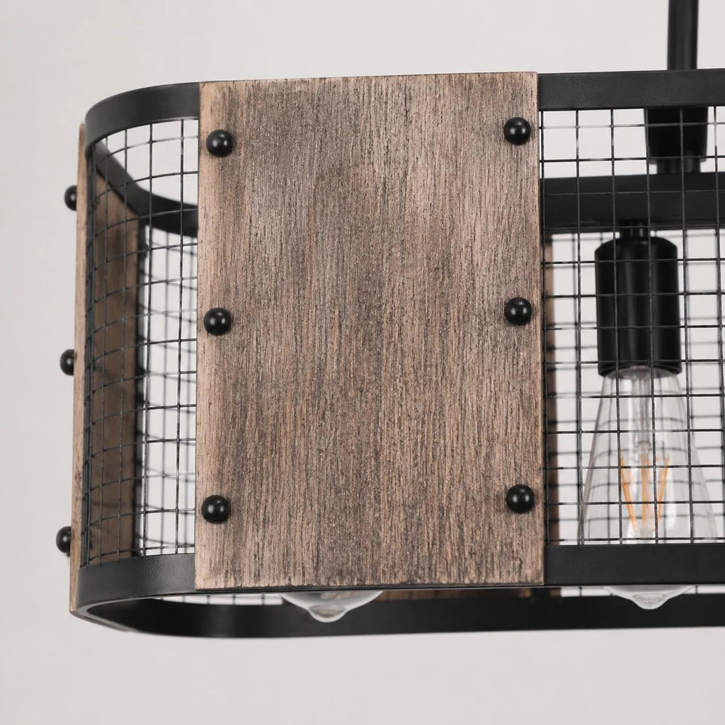 Five-Light Industrial Pendant Lamp — Wood and Iron Mesh Frame