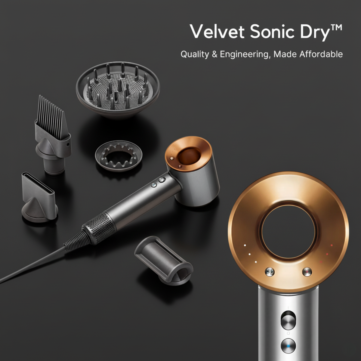 Sèche-cheveux sonique Velvet — Séchage rapide, chaleur douce, embouts - Desfino