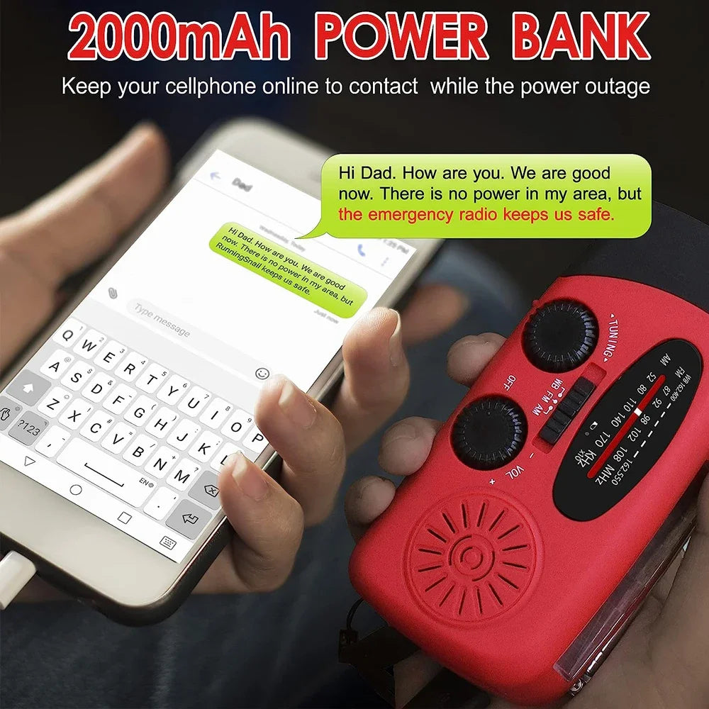 Rádio NovaPulse — solar AM/FM/NOAA, manivela, 3 LEDs, 2000mAh - Desfino