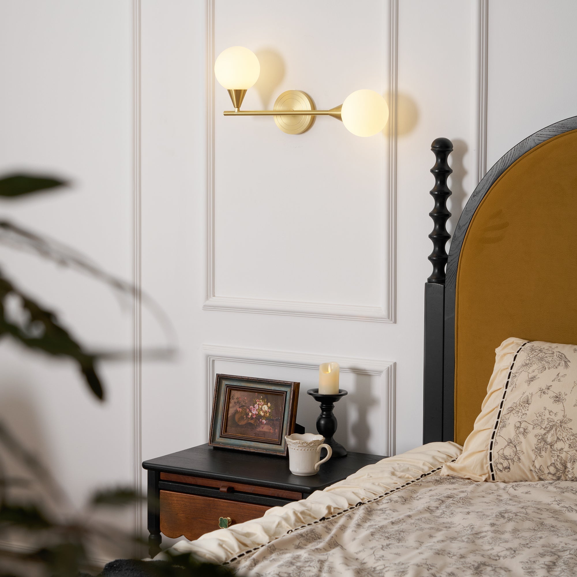 Holten Brass Armed Sconce — Two White Glass Globes