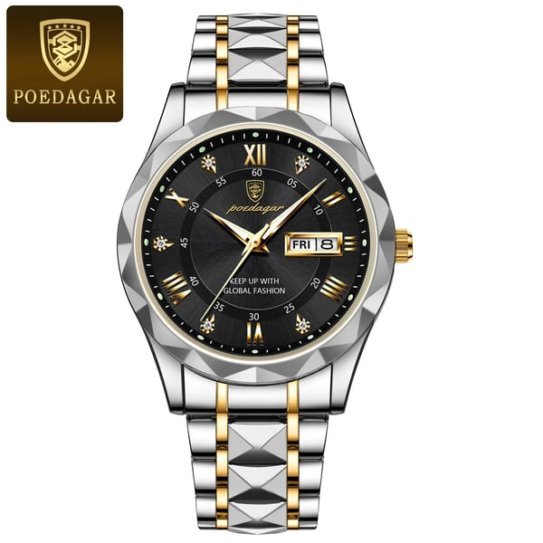 Maristel vanntett kvartsur for menn—40 mm svart, grønne visere, dag-dato - Desfino