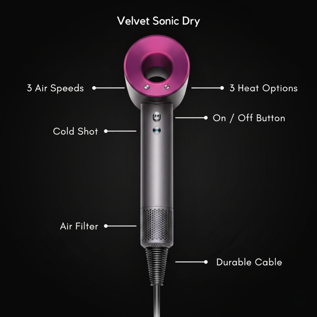 Sèche-cheveux sonique Velvet — Séchage rapide, chaleur douce, embouts - Desfino