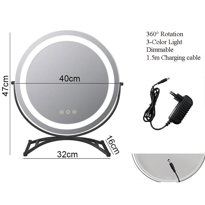 40 cm LED化妆镜 — 可调光触控，360°旋转，3种灯光模式 - Desfino