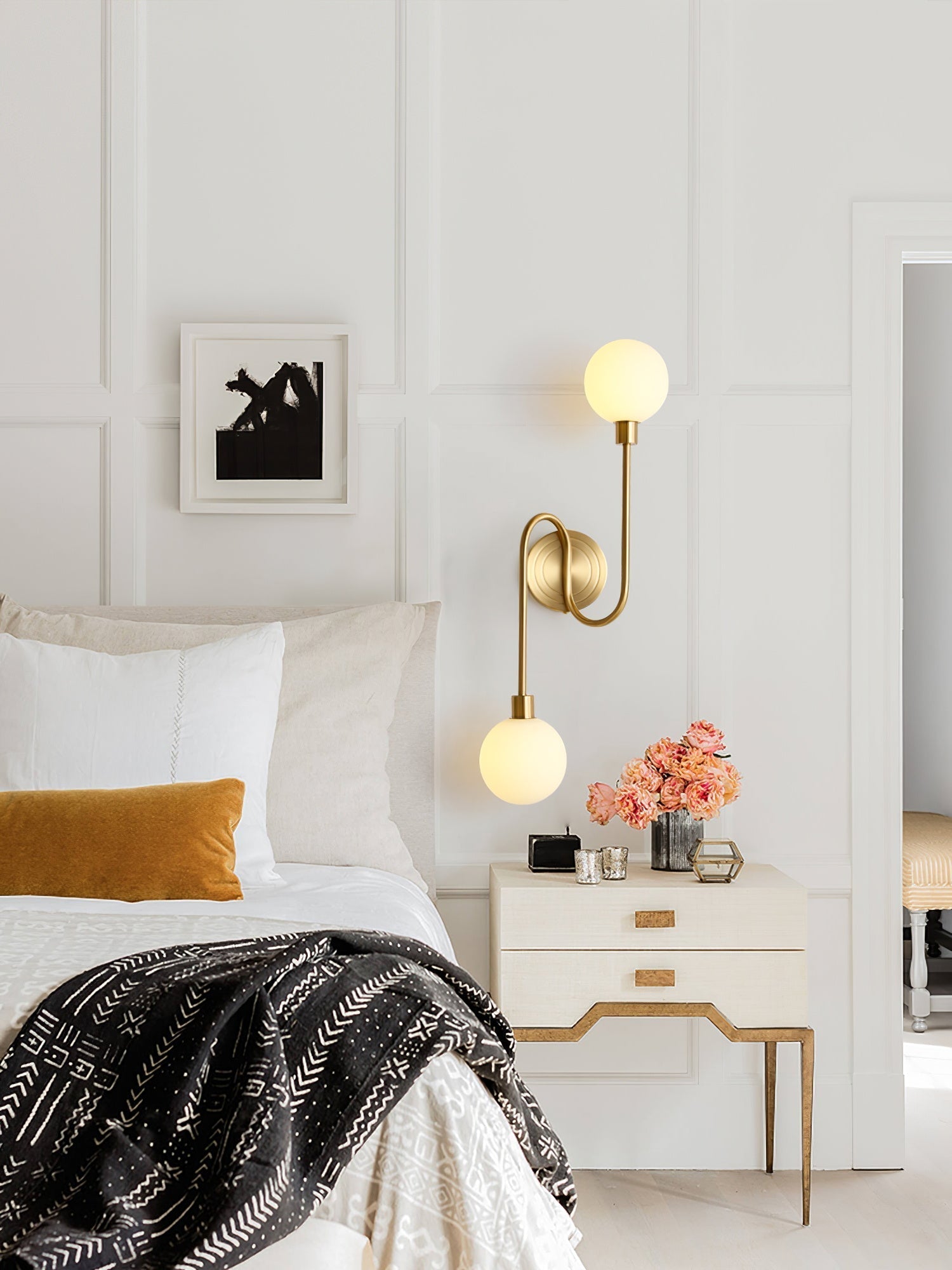 Holten Brass Armed Sconce — Two White Glass Globes