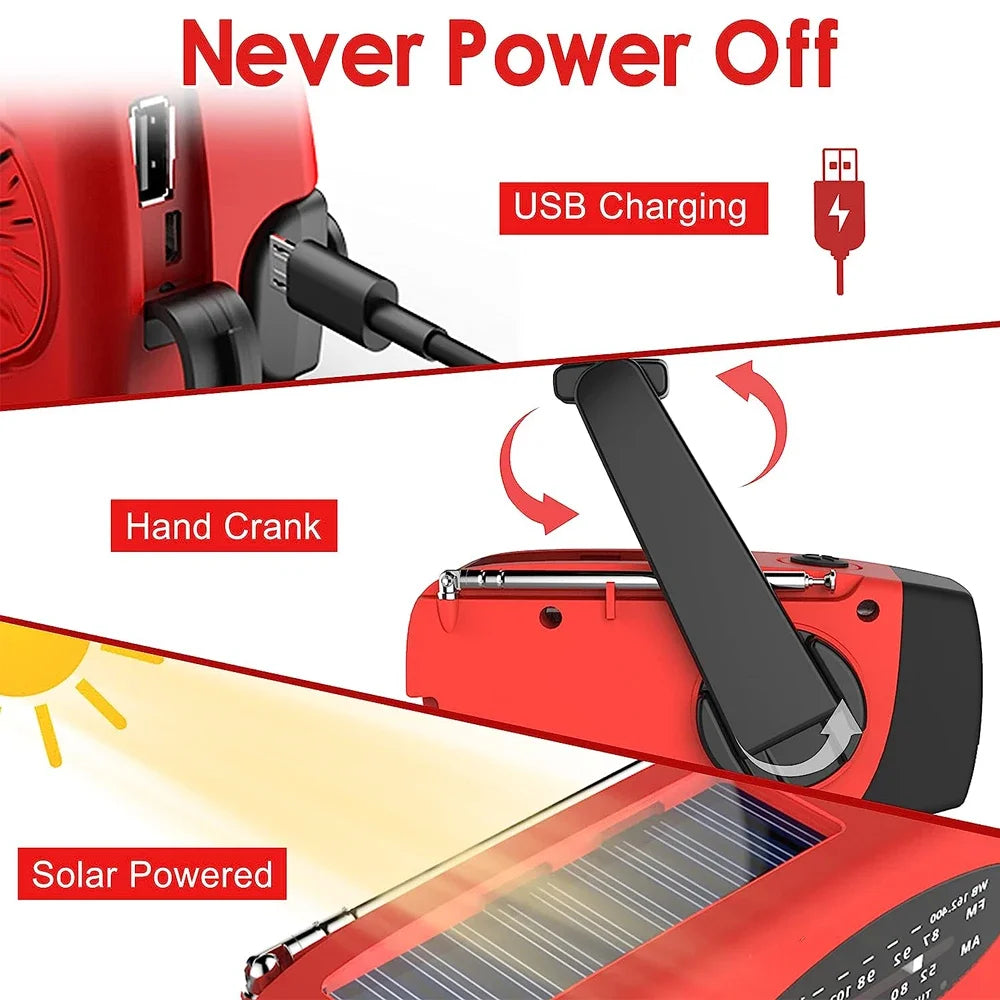 Rádio NovaPulse — solar AM/FM/NOAA, manivela, 3 LEDs, 2000mAh - Desfino