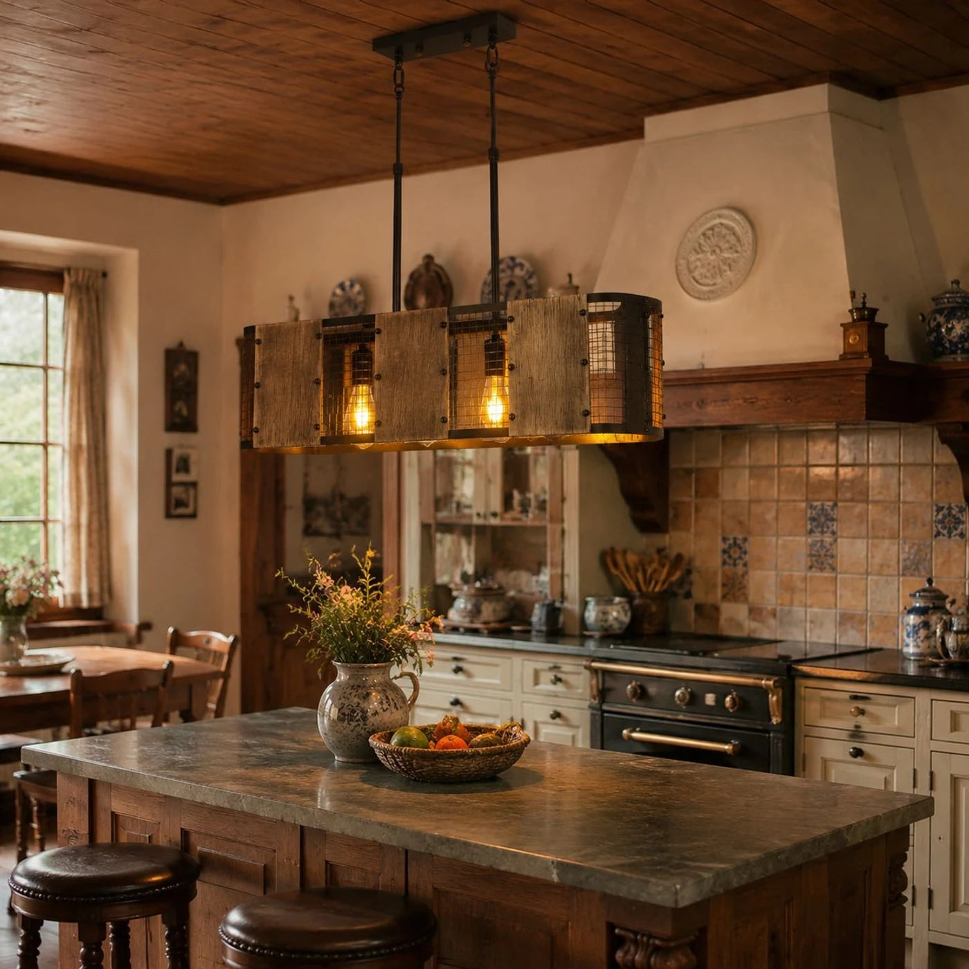 Five-Light Industrial Pendant Lamp — Wood and Iron Mesh Frame