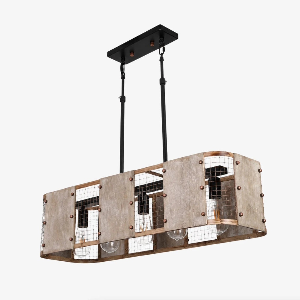 Five-Light Industrial Pendant Lamp — Wood and Iron Mesh Frame