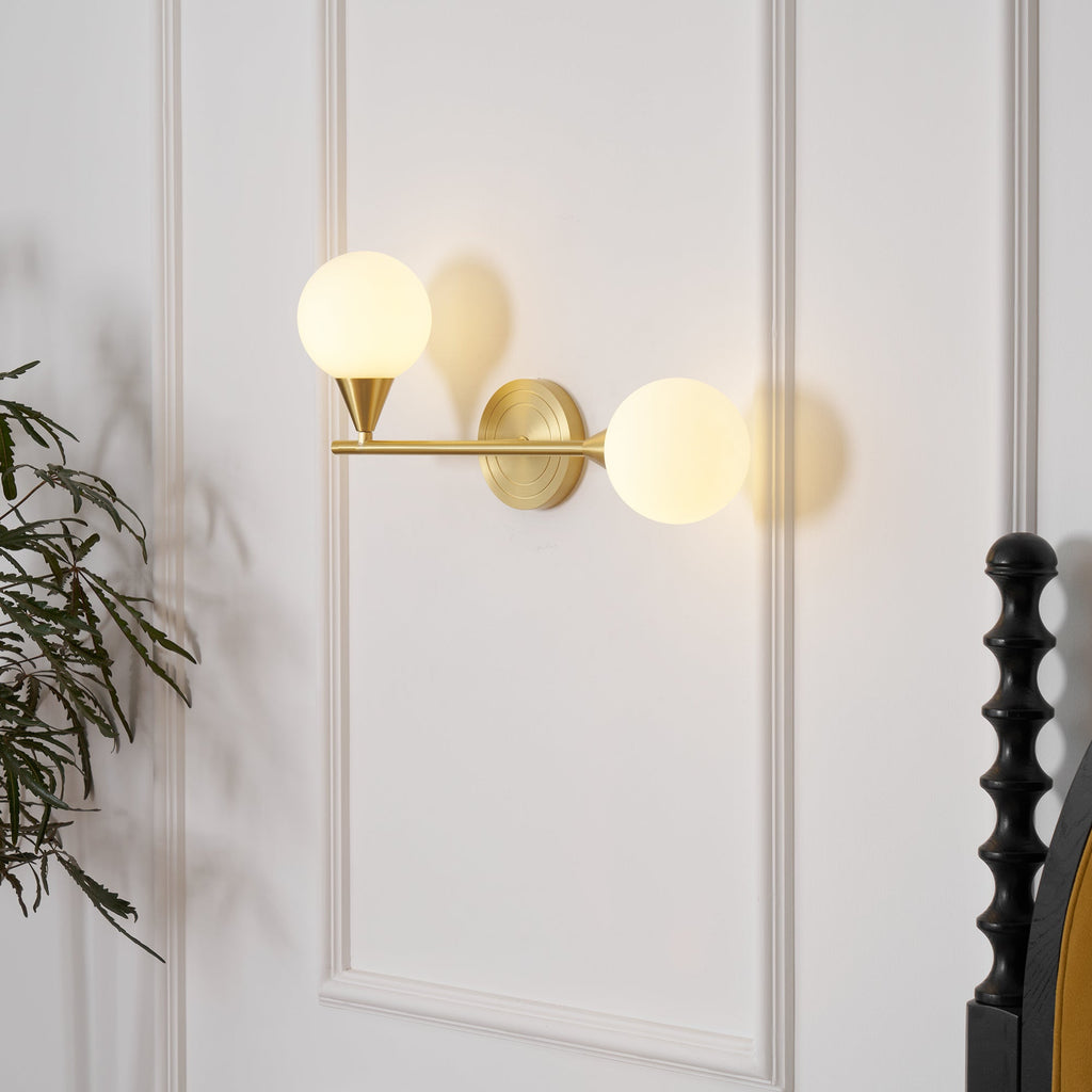 Holten Brass Armed Sconce — Two White Glass Globes