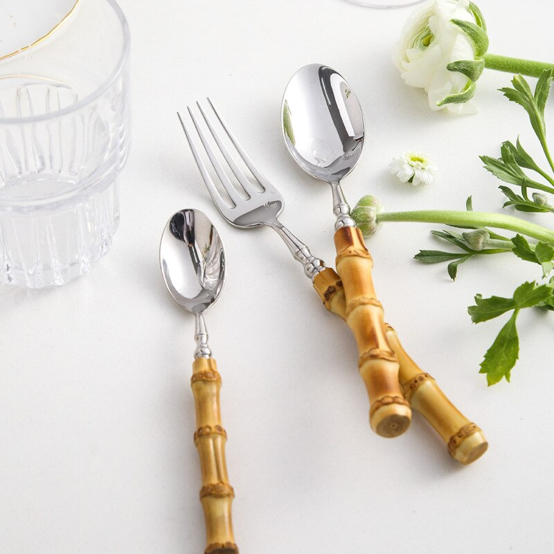 Ensemble de couverts haut de gamme en bambou et acier inoxydable — vaisselle de table écologique - Desfino