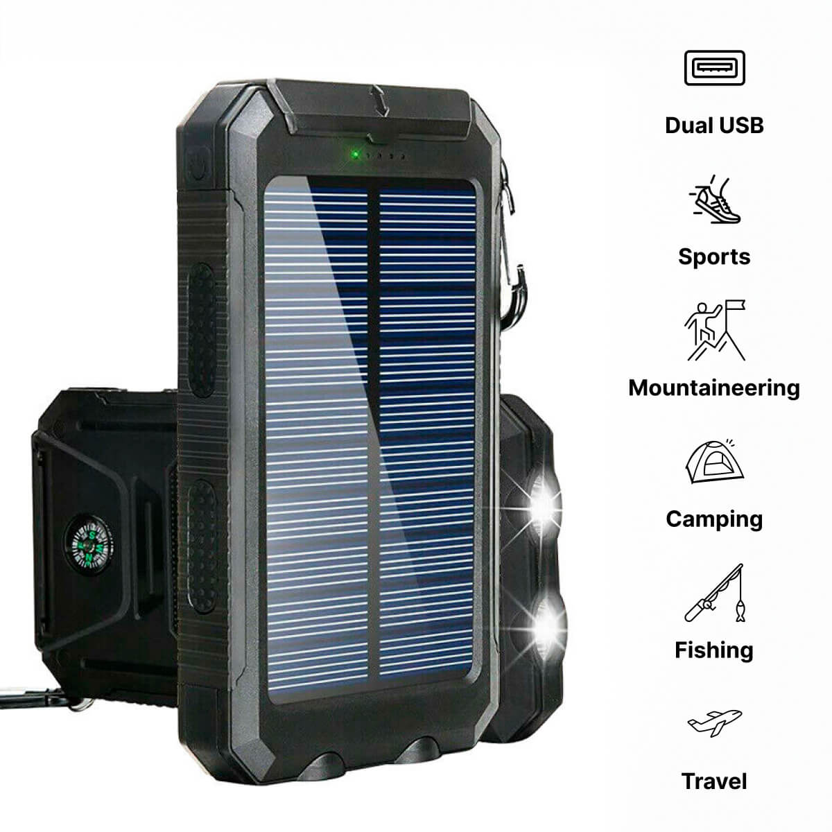 SolaraGuard 500000mAh ソーラーパワーバンク - USB 2ポート、IP44、ライト内蔵 - Desfino