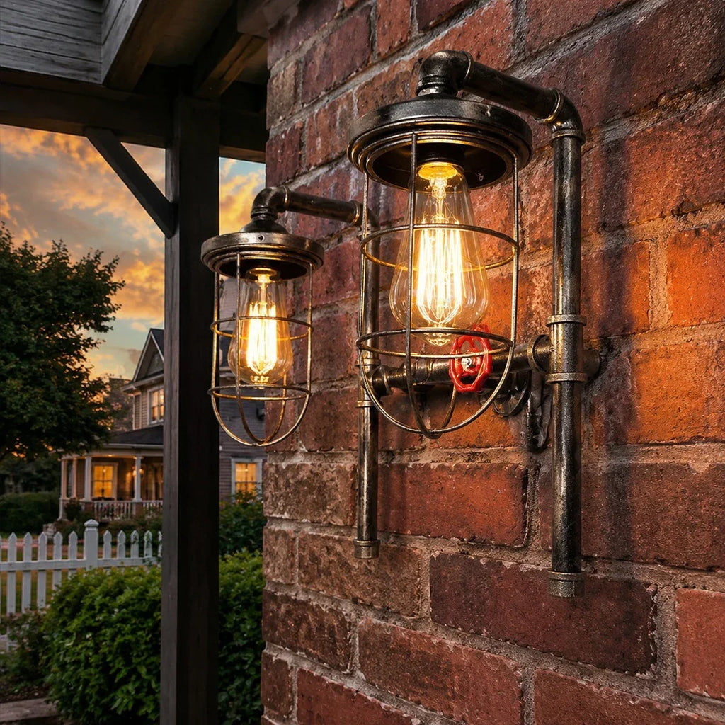 Wall Sconce — Vintage Cage Shade, Industrial Pipe Style