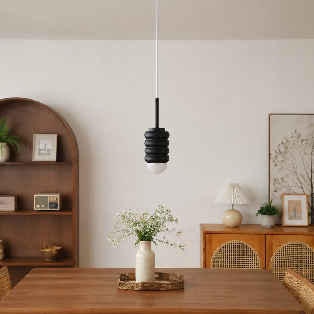 Iron Ribbed Shade Pendant Lamp — Cream Ceiling Light, Slim Stem