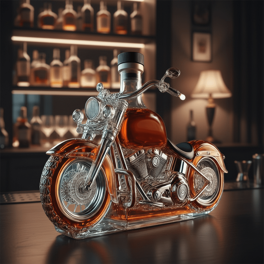 Karafka na whisky w kształcie silnika V-Twin — szklany element ekspozycyjny do baru - Desfino