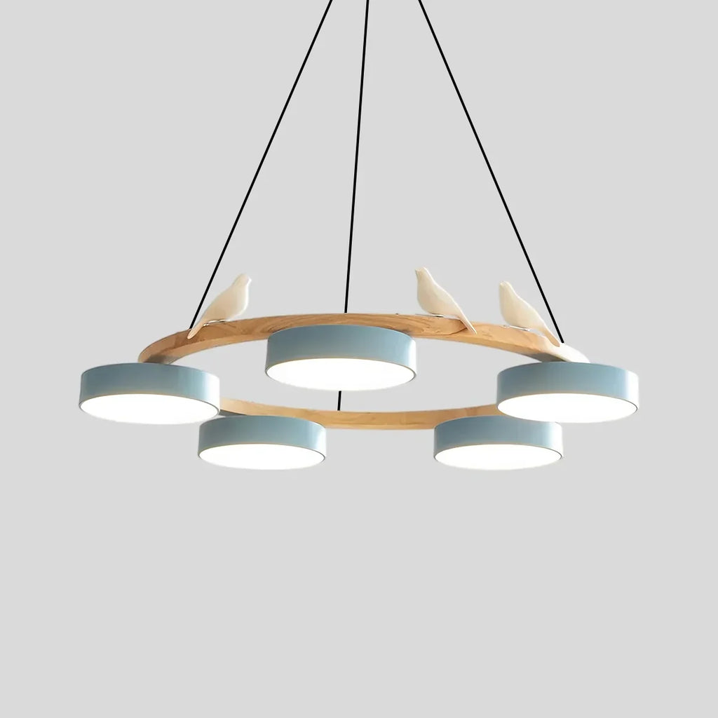 Round Wood Chandelier with Bird Accents for Living Room | Desfino