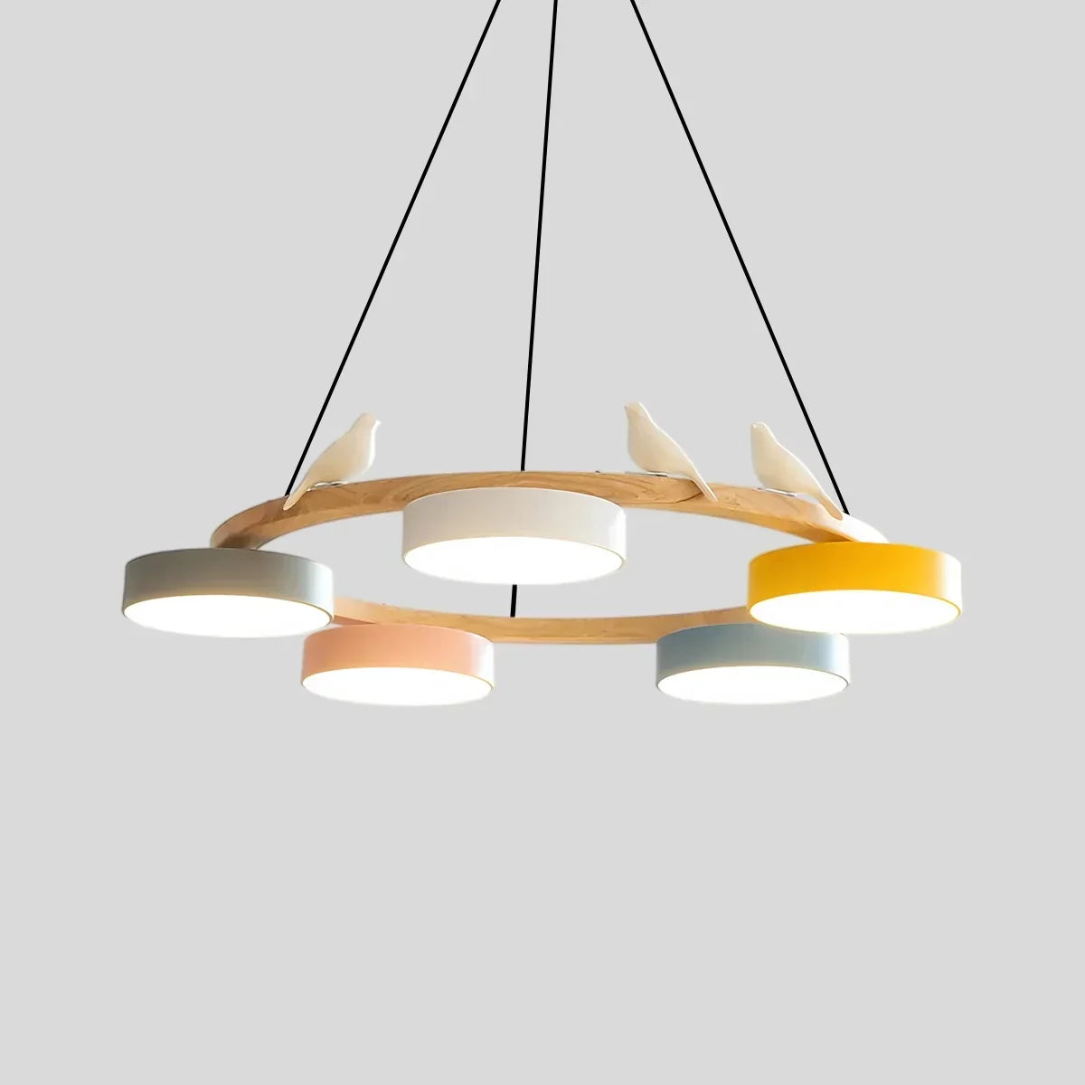 Round Wood Chandelier with Bird Accents for Living Room | Desfino